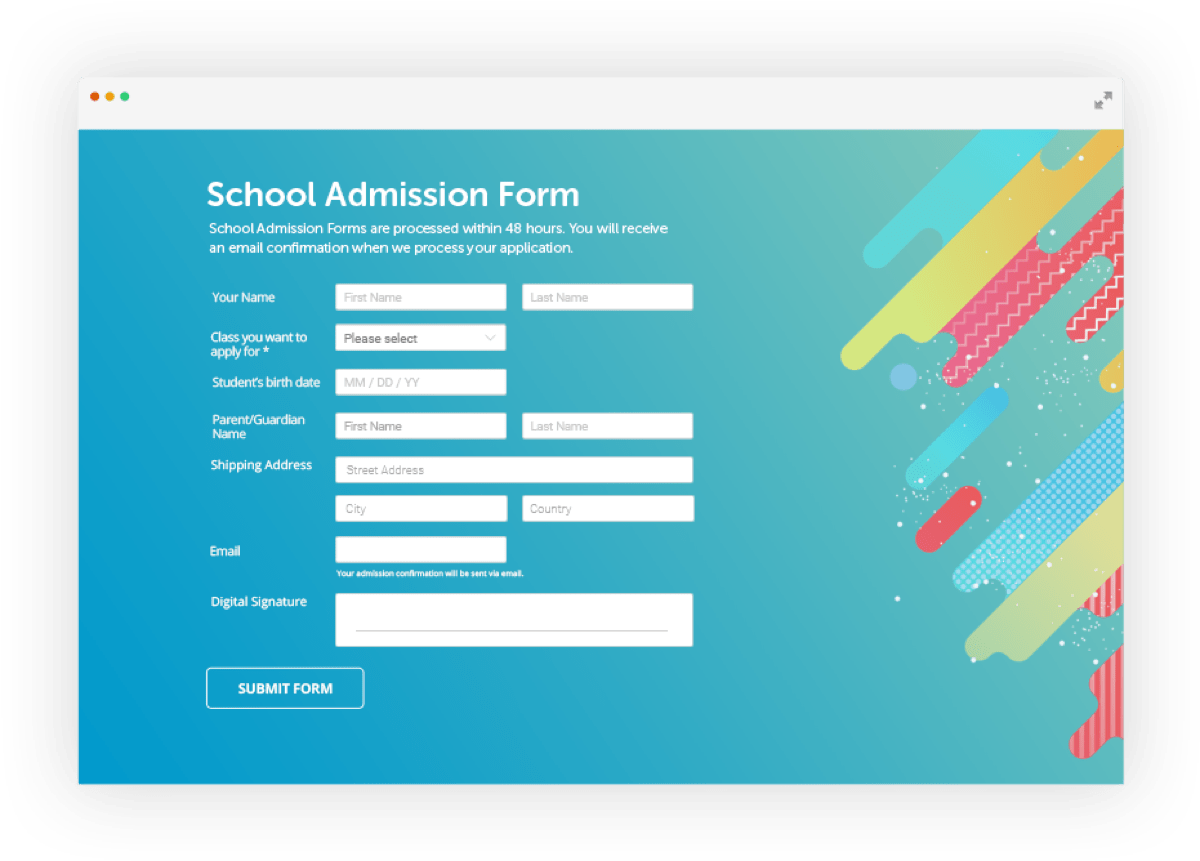 school admissions form